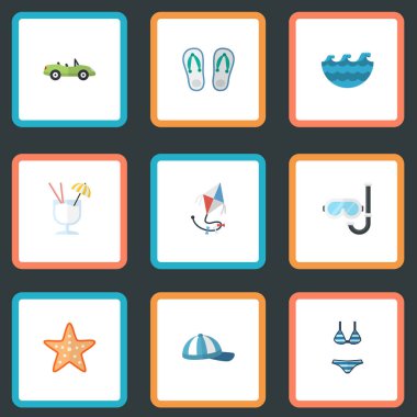 Düz Araba, Beachwear, sinek ve diğer vektör öğeleri. Yaz düz simgeler kümesi de kap, alkol, Aqualung nesneleri içerir.