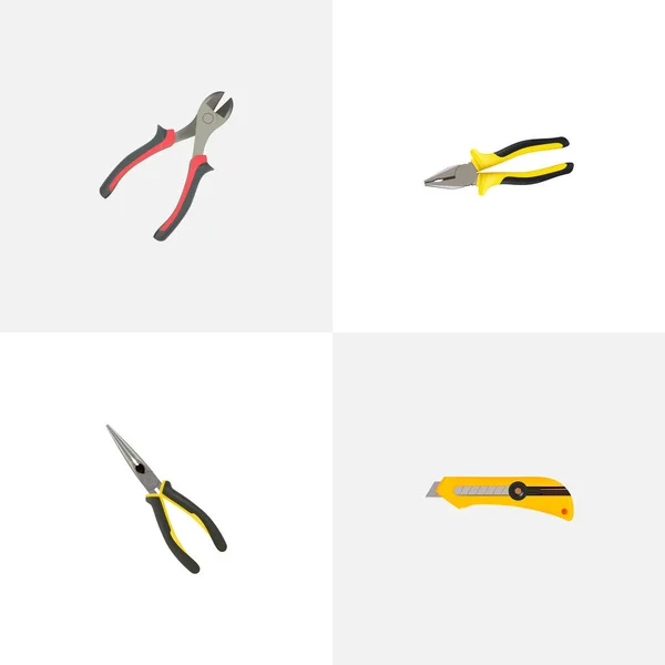 Alicates realistas, cuchillo de papelería, tijeras y otros elementos vectoriales. Conjunto de Símbolos Realistas Kit También Incluye Papelería, Nippers, Forceps Objetos . — Archivo Imágenes Vectoriales