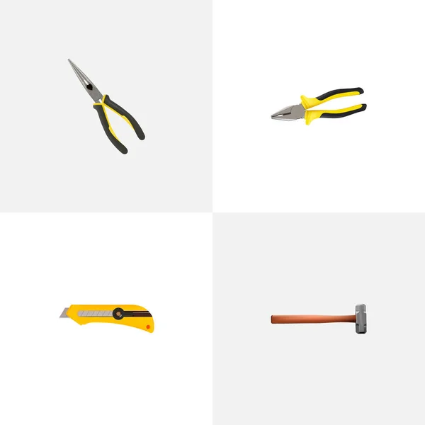 Realistische Zange, Schreibwarenmesser, Griff Schlagvektorelemente. Set von Instrumenten realistische Symbole gehören auch Schlitten, Messer, Werkzeug-Objekte. — Stockvektor
