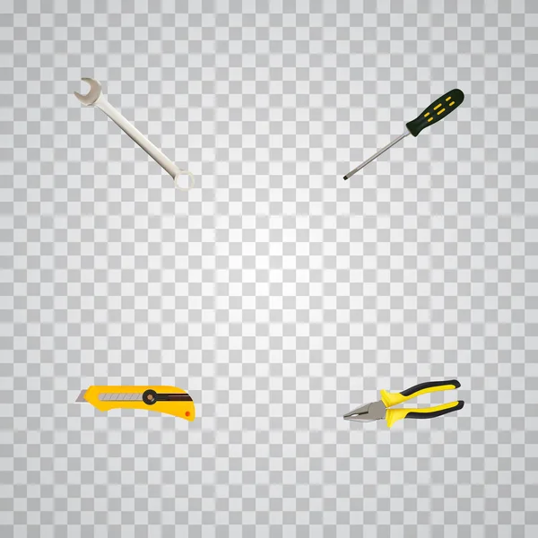 Realistiska snickare, brevpapper kniv, tång och andra Vector-element. Uppsättning instrument realistiska symboler innehåller också skärare, käppar, snickare objekt. — Stock vektor