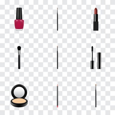 Gerçekçi kaş makyaj aracı, allık, pomad ve diğer vektör öğeleri. Maquillage gerçekçi simgeler kümesi de içerir mürekkep, Lehçe, dudakları nesneleri.