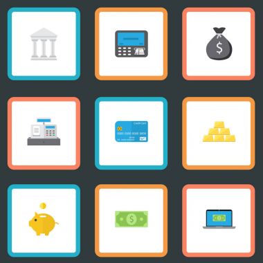 Düz kadar banka, para ve diğer vektör öğeleri. Set düz sembolleri bankacılık da para birimi, tasarruf, altın nesneleri içerir.