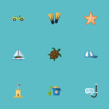 Düz Castle, kaplumbağa, Sailboard ve diğer vektör öğeleri. Güneş ışığı düz simgeler kümesi de hayvan, maske, gemi nesneleri içerir.