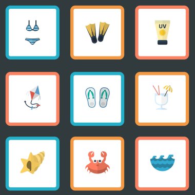 Anti-güneş kremi, sinek, Beachwear ve diğer vektör öğeleri düz. Beach düz simgeler kümesi de içerir alkol, ıstakoz, dalgalar nesneleri.
