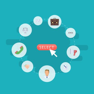 Düz telefon, Portföy, el sıkışma vektör öğeleri. Ayrıca gözlük, kalem, çalışan nesneler içeren küme iş düz sembolleri.