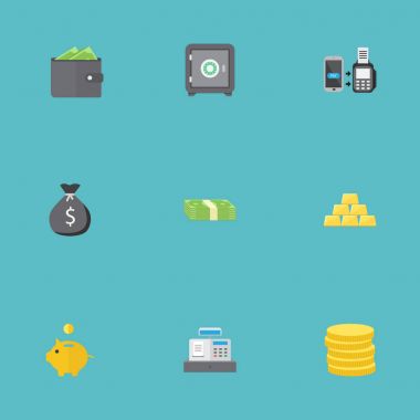 Düz kadar küçük bir değişiklik, para Kasası ve diğer vektör öğeleri. İş düz simgeler kümesi de altın, maaş, çuval nesneleri içerir.