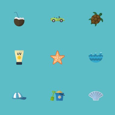 Düz deniz, kaplumbağa, Anti-güneş kremi ve diğer vektör öğeleri. Beach düz simgeler kümesi de içerir dalgalar, kum, güneş nesneleri.
