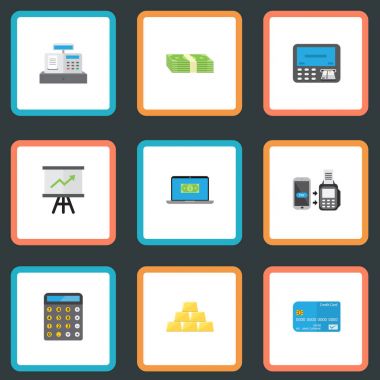 Düz Atm, nakit yığını, bilgisayar ve diğer vektör öğeleri. Düz sembolleri bankacılık da içerir kart, yığın, maaş nesneleri.