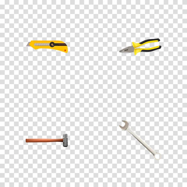 Realistic Pliers, Stationery Knife, Handle Hit Vector Elements. Set Of Instruments Realistic Symbols Also Includes Stationery, Pincers, Spanner Objects. — Stock Vector