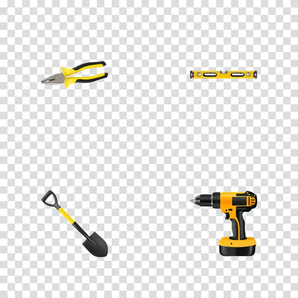 Realistic Plumb Ruler, Spade, Electric Screwdriver And Other Vector Elements. Set Of Tools Realistic Symbols Also Includes Pincers, Construction, Shovel Objects. — Stock Vector