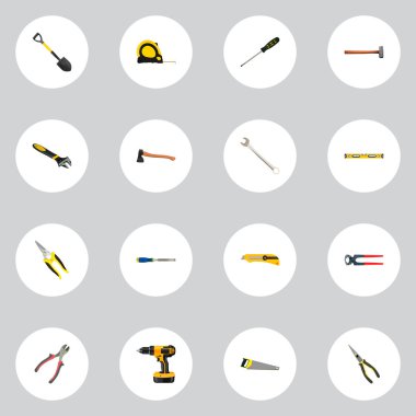 Gerçekçi marangoz, forseps, kürek ve diğer vektör öğeleri. Araçlar gerçekçi simgeler kümesi de balta, Spade, balyozla nesneleri içerir.