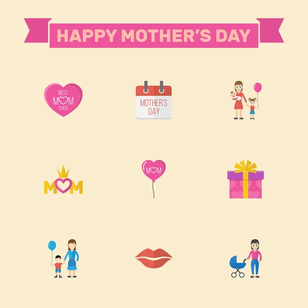 Feliz Dia das Mães. O conceito do projeto liso inclui o dia especial, a emoção e os símbolos do beijo. Ilustração festiva do feriado do vetor . — Vetor de Stock