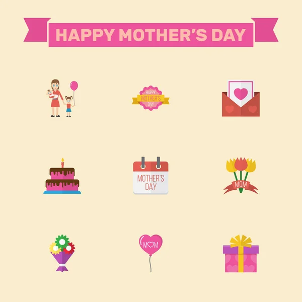 Feliz Día de las Madres. El concepto de diseño plano incluye símbolos de día especial, diseño y flores. Vector festivo vacaciones ilustración . — Vector de stock