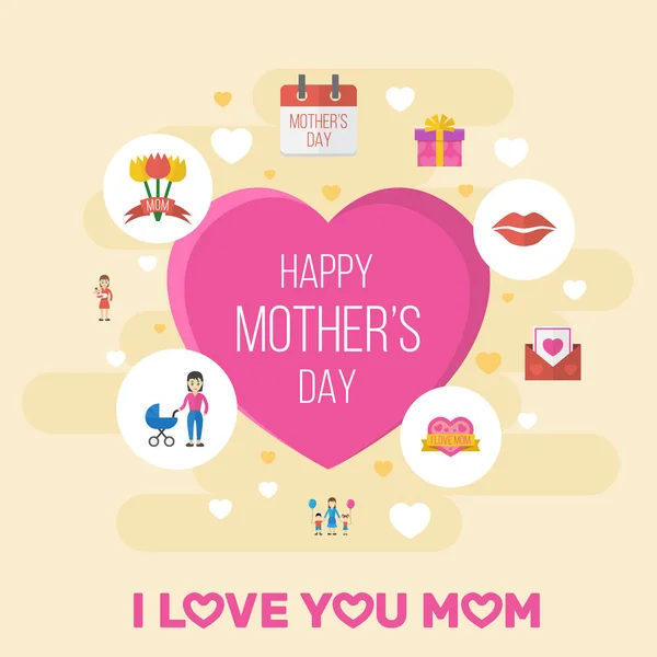 Feliz Día de las Madres. Concepto de diseño plano incluye presente, beso y tulipanes Símbolos. Vector festivo vacaciones ilustración . — Vector de stock