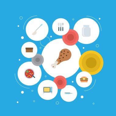 Düz cam kap, et suyu, lokanta ve diğer vektör öğeleri. Gıda düz simgeler kümesi de fırın, mutfak, kase nesneleri içerir.