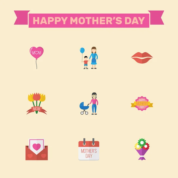 Projeto liso feliz do layout do dia das mães com decoração, projeto e símbolos do beijo. Linda mãe lindo design feminino para social, Web e impressão . — Vetor de Stock