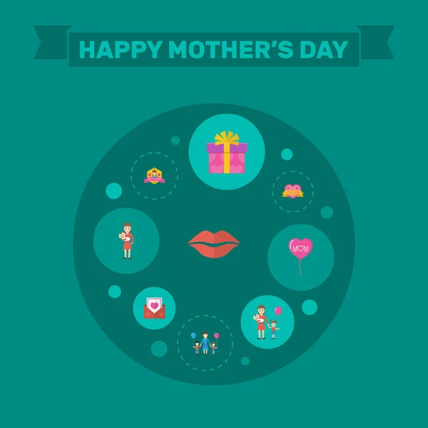 Diseño de diseño plano del día de las madres felices con símbolos de mujer, beso y niños. Precioso mamá hermoso diseño femenino para social, Web e imprimir . — Vector de stock