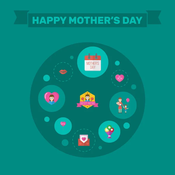 Diseño de diseño plano del día de las madres felices con símbolos de beso, emoción y flor. Precioso mamá hermoso diseño femenino para social, Web e imprimir . — Vector de stock