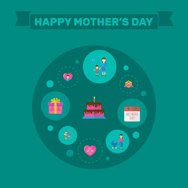 Diseño de diseño plano del día de las madres felices con presente, pastelería y símbolos de emoción. Precioso mamá hermoso diseño femenino para social, Web e imprimir . — Vector de stock