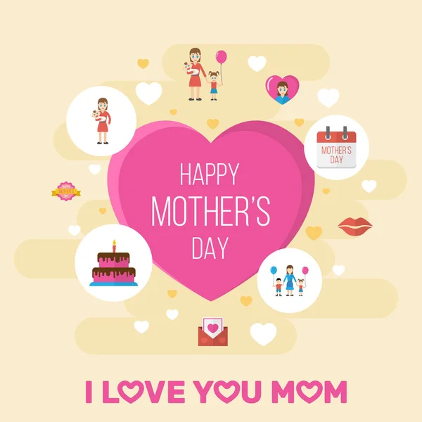 Diseño de diseño plano del día de las madres felices con los niños, mamá y símbolos especiales del día. Precioso mamá hermoso diseño femenino para social, Web e imprimir . — Vector de stock