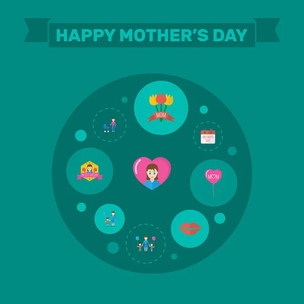 Diseño de diseño plano del día de las madres felices con los niños, los símbolos del cochecito y de los tulipanes. Precioso mamá hermoso diseño femenino para social, Web e imprimir . — Vector de stock