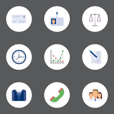 Zarf, kimlik kartı, Terazi ve diğer vektör öğeleri düz. Kariyer düz simgeler kümesi de ölçekler, takım, saat nesneleri içerir.