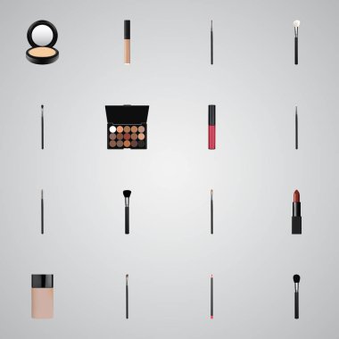 Gerçekçi göz boya fırçası, makyaj ürünü, pomad ve diğer vektör öğeleri. Yağlıboya gerçekçi simgeler kümesi de kalem, kontur, kapatıcı nesneleri içerir.