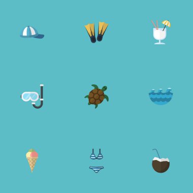 Cocos, deniz, Aqualung ve diğer vektör öğeleri düz. Güneş ışığı düz simgeler kümesi de içki, dalgalar, Cap nesneleri içerir.
