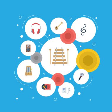 Düz Mp3 çalar, müzik aleti, kulaklık ve diğer vektör öğeleri. Müzik düz simgeler kümesi de vurmalı çalgılar, enstrüman, kutusu nesneleri içerir.
