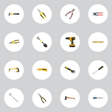 Gerçekçi maşa, marangoz, İngiliz anahtarı ve diğer vektör öğeleri. İnşaat gerçekçi simgeler kümesi de Kerpetenler, kesici, bıçak nesneleri içerir.