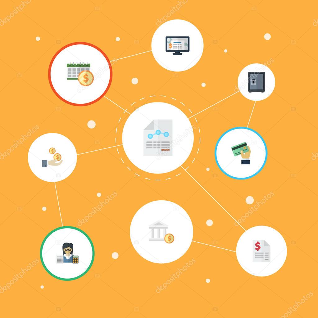 Flat Profit, Card, Bank And Other Vector Elements. Set Of Registration Flat Symbols Also Includes Duty, Dividends, Net Objects.