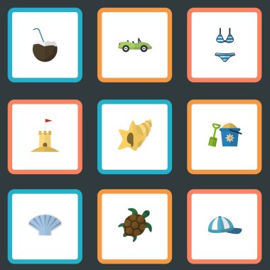 Cocos, kaplumbağa, kabuklu ve diğer vektör öğeleri düz. Yaz düz simgeler kümesi de içerir Hindistan cevizi, deniz kabuğu, Palm nesneleri.