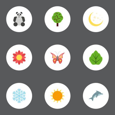 Gece, oynak balık, güneş ve diğer vektör öğeleri düz. Eco düz simgeler kümesi de gece, oynak, kar nesneleri içerir.