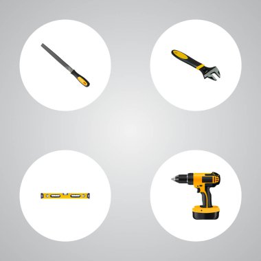 Gerçekçi elektrikli tornavida, kalemtıraş, İngiliz anahtarı ve diğer vektör öğeleri. Aletleri gerçekçi simgeler kümesi de inşaat, İngiliz anahtarı, aracı nesneleri içerir.