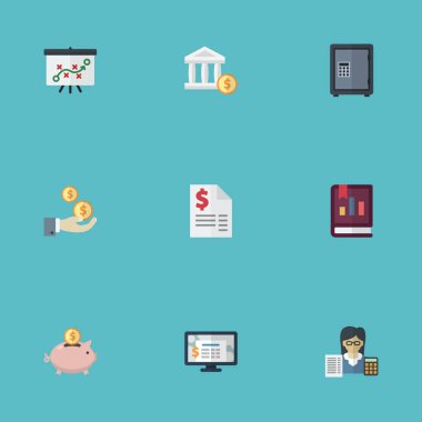 Görev, muhasebe sistemi, banka ve diğer vektör öğeleri düz. Ayrıca servet, beyaz tahta, muhasebeci nesneleri içeren küme kayıt düz sembolleri.