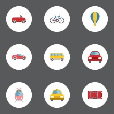 Otomobil, taşıma, taksi ve diğer vektör öğeleri düz. Taşıma düz simgeler kümesi de döngüsü, tramvay, aktarım nesneleri içerir.