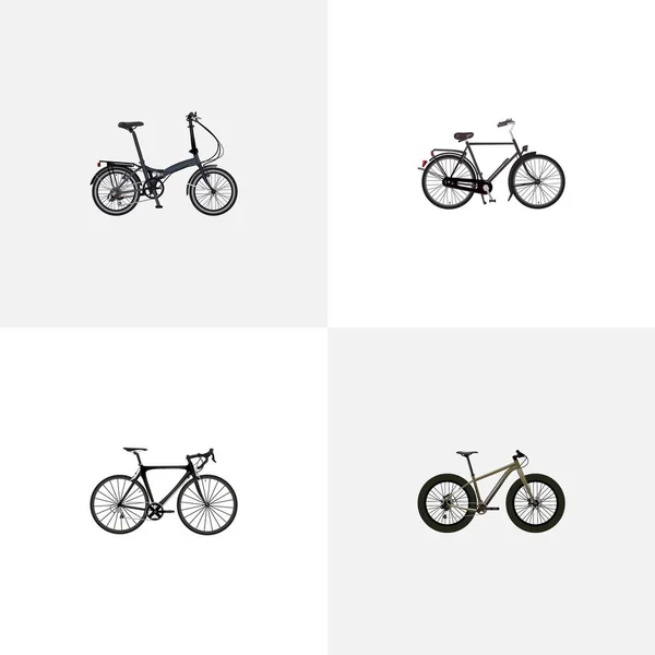 현실적인 Bmx, 스포츠 사이클, 승마 운동 및 기타 벡터 요소 접는 자전거 현실적인 상징의 세트는 또한도, Velocipede, 자전거 개체 포함. — 스톡 벡터