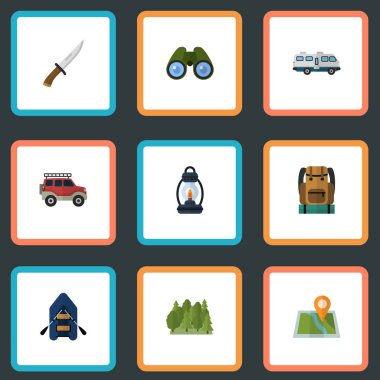 Çanta, Zoom, konum ve diğer vektör öğeleri düz. Kamp düz simgeler kümesi de Suv, çanta, PIN nesneleri içerir.