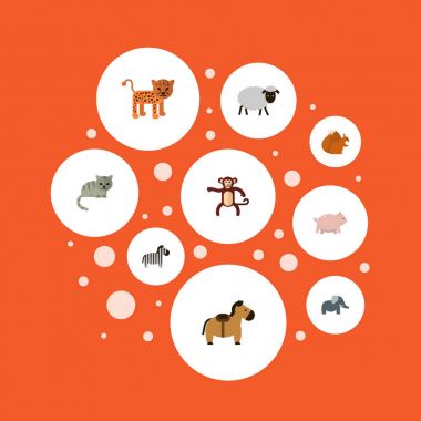Zebra, at, fil ve diğer vektör öğeleri düz. Hayvanlar düz simgeler kümesi de goril, sincap, Predator nesneleri içerir.