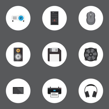 Kulaklık, disket, amplifikatör ve diğer vektör öğeleri düz. Dizüstü düz simgeler kümesi de içerir amplifikatör, slayt gösterisi, soğutucu nesneleri.
