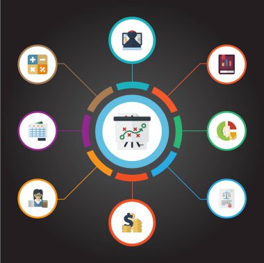 Taktik, Mark, kitap ve diğer vektör öğeleri düz. Kayıt düz simgeler kümesi de içerir giderler, hesaplamak, muhasebeci nesneleri.