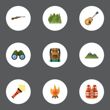 Düz ceket, ateş, müzik ve diğer vektör öğeleri. Kamp düz simgeler kümesi de çakmak, cam, zum nesneleri içerir.