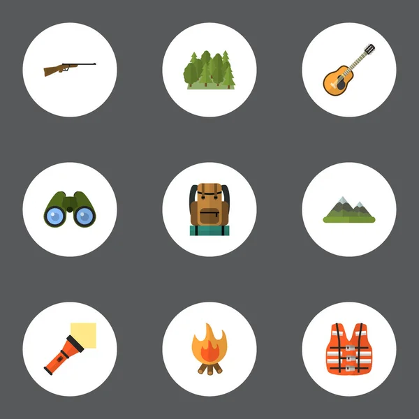Platte jas, brand, muziek en andere vectorelementen. Set van Camping platte symbolen bevat ook lichtere, glas, Zoom objecten. — Stockvector