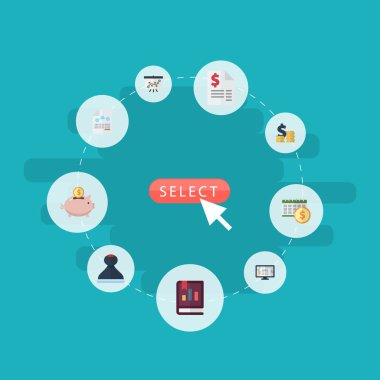 Düz süre, sikke yığını, kitap ve diğer öğeleri vektör. Kayıt düz simgeler kümesi de görev, taktik, denge nesneleri içerir.