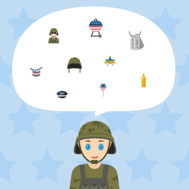 Düz kimlik, yangın balmumu, asker ve diğer vektör öğeleri. Gün düz simgeler kümesi de Barbekü, mum, davul nesneleri içerir.