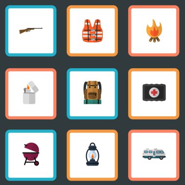 Düz ceket, karavan, Barbekü ve diğer vektör öğeleri. Kamp düz simgeler kümesi de yardım, göğüs, tüfek nesneleri içerir.