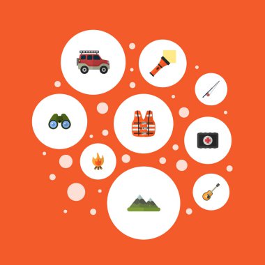 Düz vınlamak, ceket, Suv ve diğer vektör öğeleri. Ayrıca hayat, ceket, dağ nesneleri içeren küme düz sembolleri kamp.