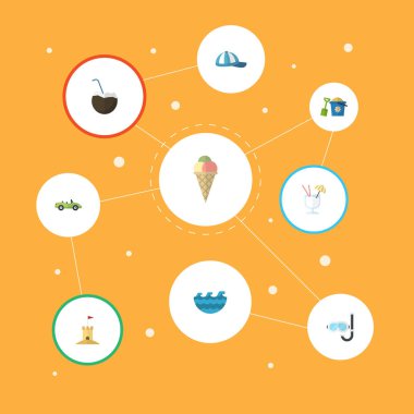 Kürek, sorbe, araba ve diğer vektör öğeleri düz. Beach düz simgeler kümesi de içerir Aqualung, su, Hindistan cevizi nesneleri.