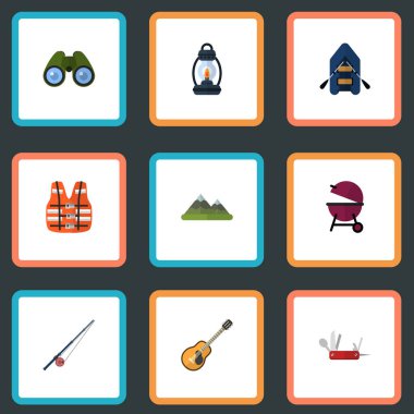 Düz vınlamak, ceket, balıkçılık ve diğer vektör öğeleri. Kamp düz simgeler kümesi de çakmak, Barbekü, tekne nesneleri içerir.