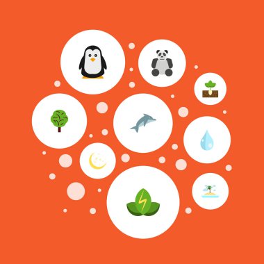 Düz su, oynak balık, gece ve diğer vektör öğeleri. Çevre düz simgeler kümesi de Blob, doğa, Filiz nesneleri içerir.